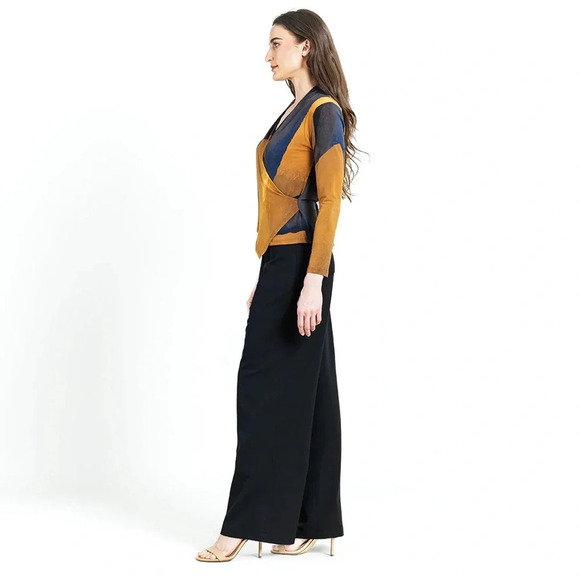 NWT Clara Sunwoo Long Sleeve Crossover Faux Wrap Top Tan Watercolor Gold XL (16) - Picture 3 of 13